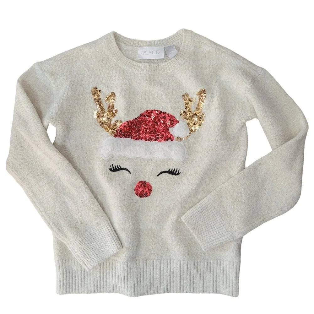 The Childrens Place Girls Cream Reindeer Holiday Sweater 5/6 Small Christmas Vtg